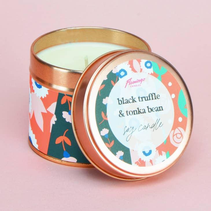 Flamingo Candles Black Truffle & Tonka Bean Contrast Floral Print Rose Gold