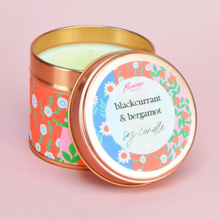 Flamingo Candles Blackcurrant & Bergamot Contrast Floral Print Rose Gold Tin