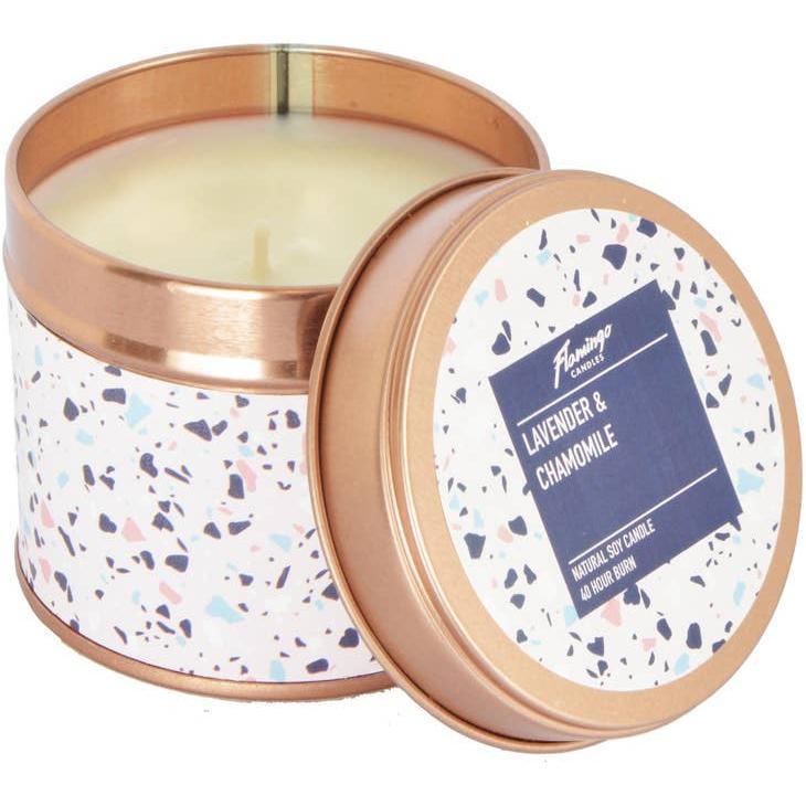 Flamingo Candles Lavender & Chamomile Terrazzo Rose Gold Tin Candle