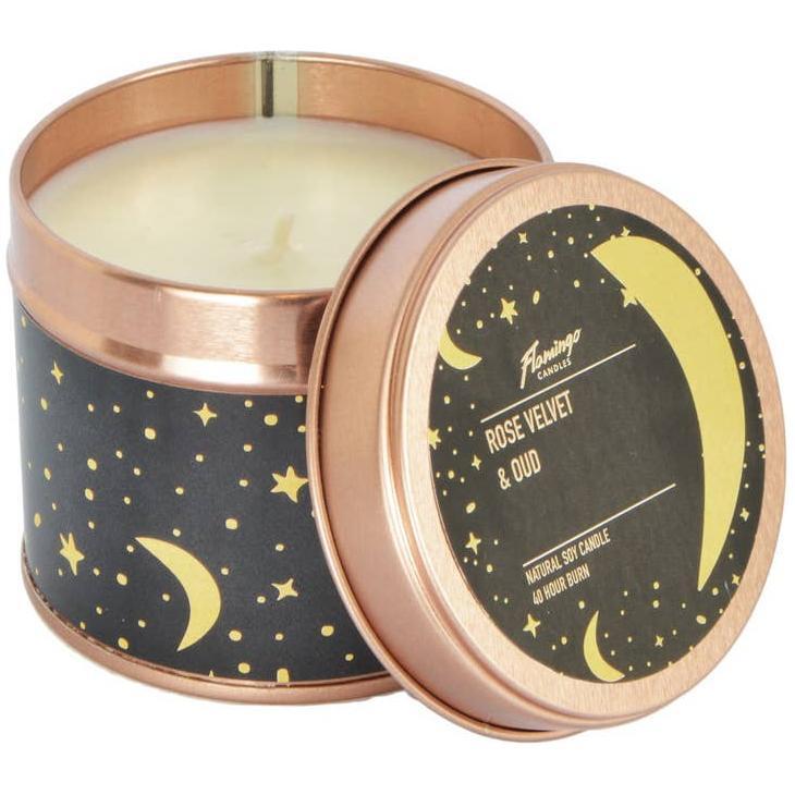 Flamingo Candles Rose Velvet & Oud Moon & Stars Rose Gold Tin Candle