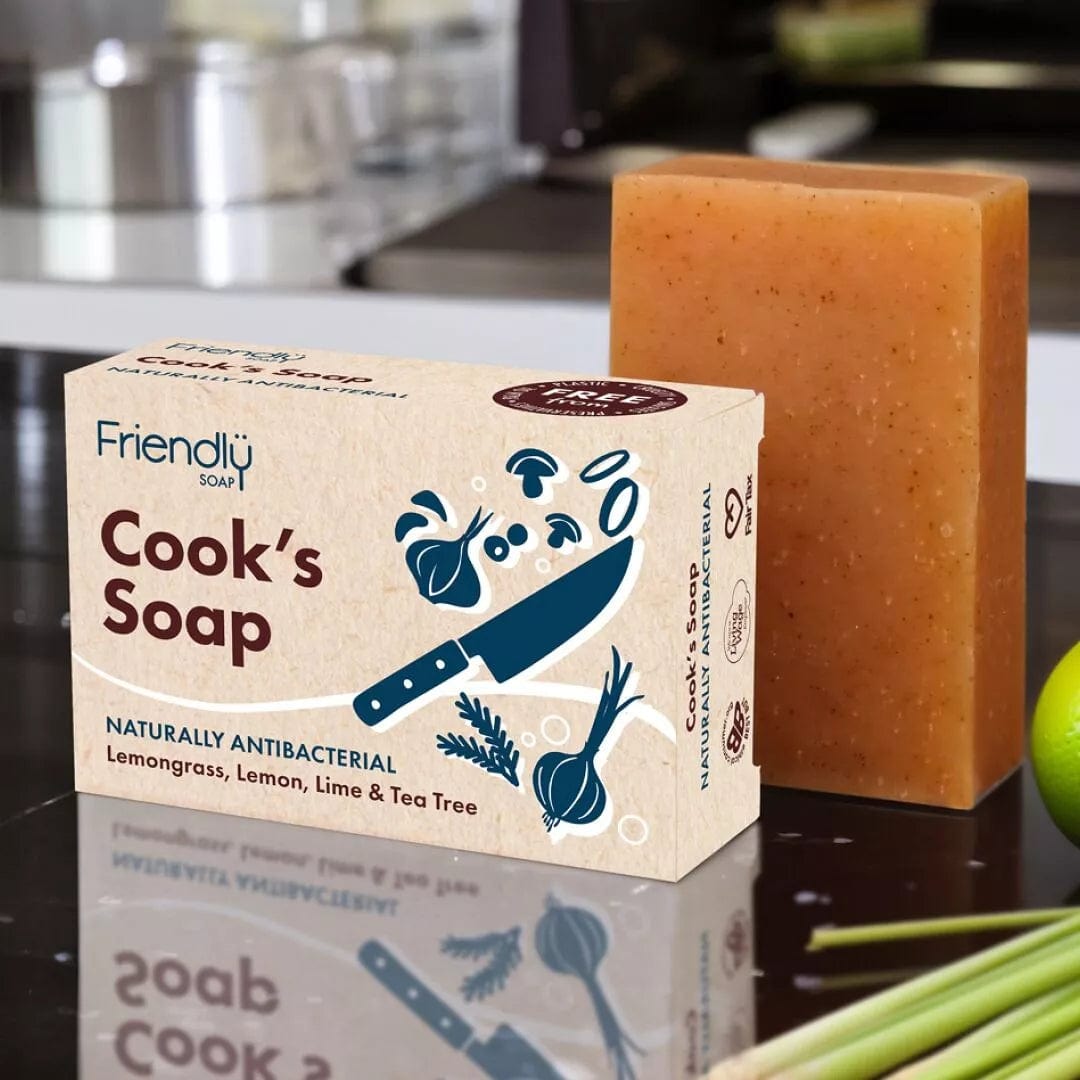 Cook's Soap Bar packaging with knife illustration, featuring natural antibacterial ingredients and fresh herbs.