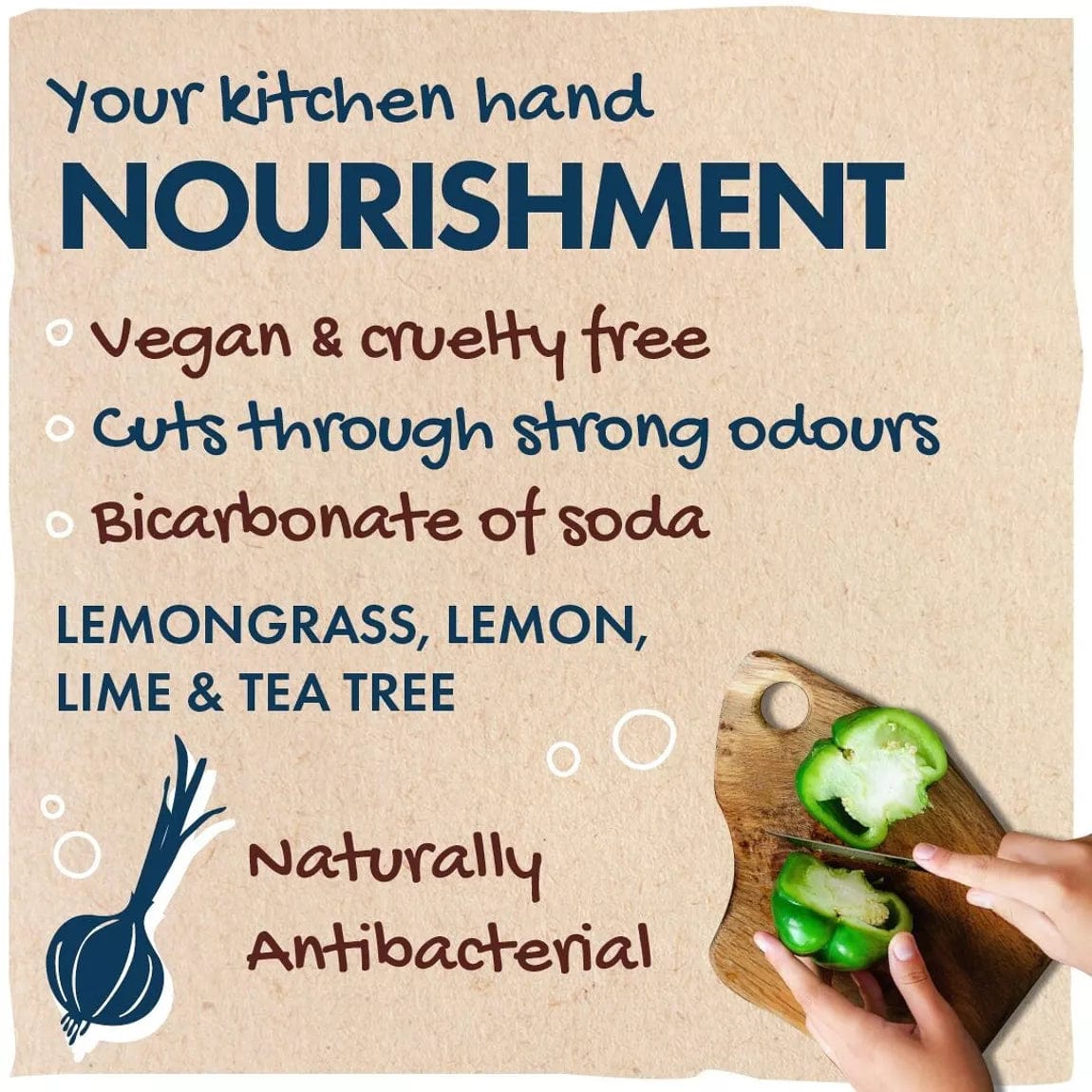 Natural antibacterial soap featuring lemongrass, lemon, lime, and tea tree for kitchen odour removal.