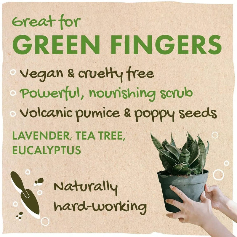 Gardener's soap bar advertisement highlighting vegan ingredients, nourishing scrub, and natural exfoliants for hard-working hands.