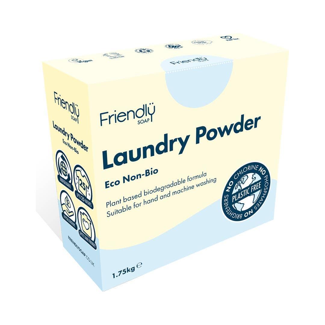 Eco-friendly laundry powder in biodegradable packaging, suitable for sensitive skin and plastic-free washing.