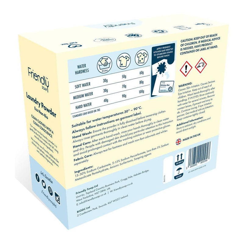 Eco-friendly laundry powder packaging with instructions for water hardness and temperature usage.