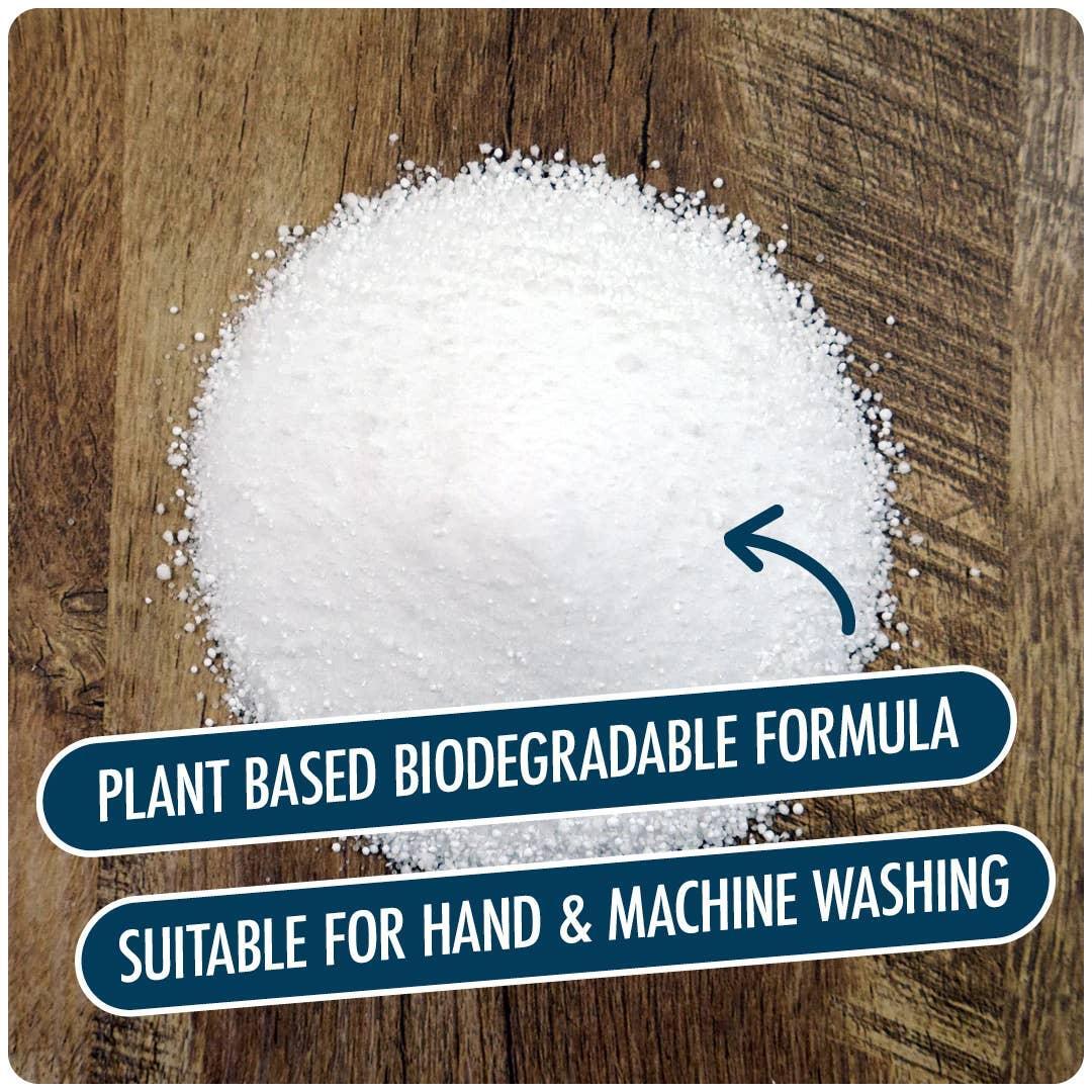 Eco-friendly laundry powder with plant-based biodegradable formula for hand and machine washing.