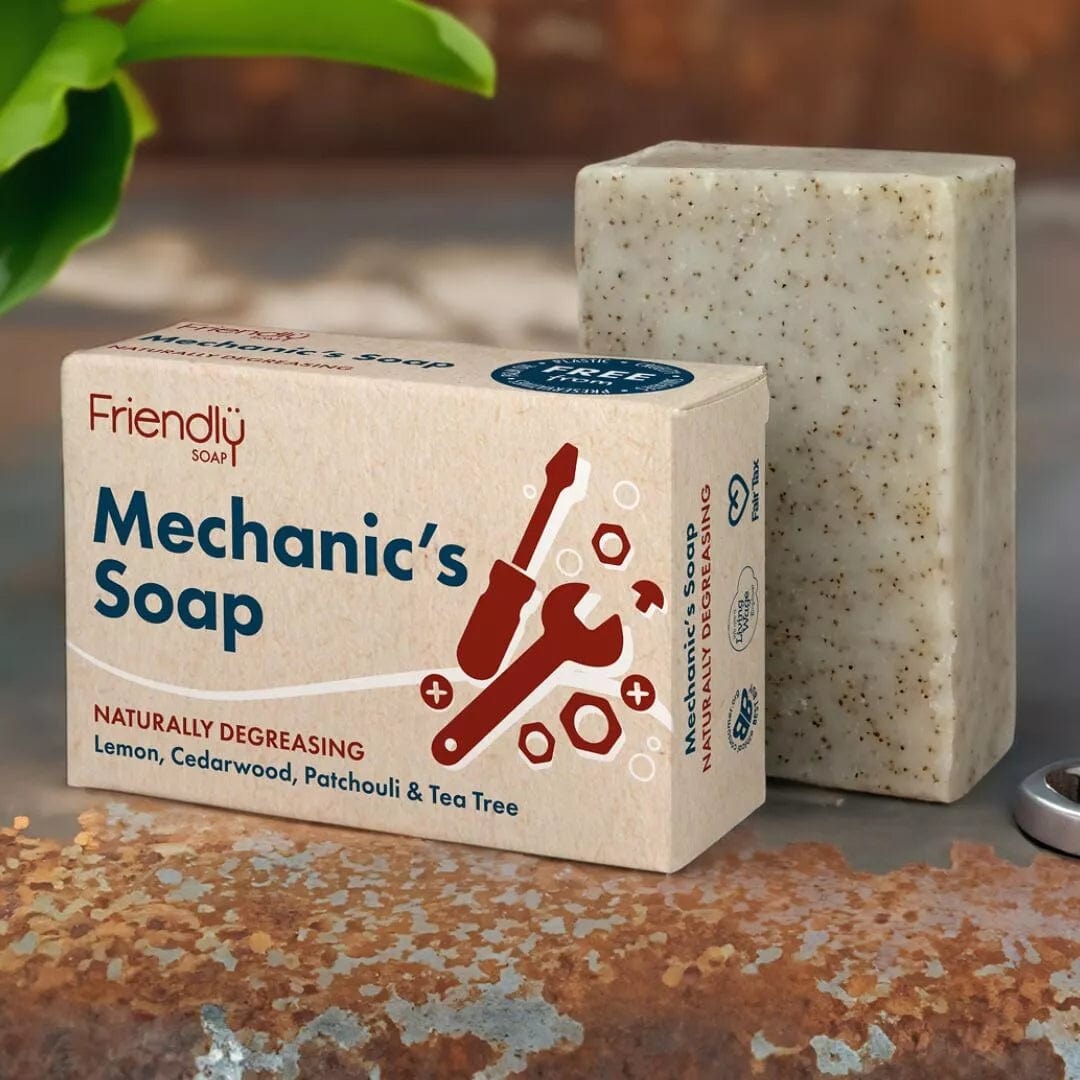 Mechanic's Soap Bar packaging with natural ingredients for cleaning oily hands, featuring lemon and cedarwood extracts.