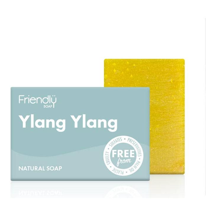 Ylang Ylang soap bar with a vibrant yellow color, packaged in eco-friendly branding, perfect for natural skincare.