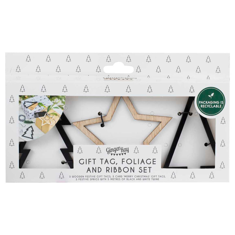 Ginger Ray Black Wooden Icons and Ribbon Christmas Gift Tags