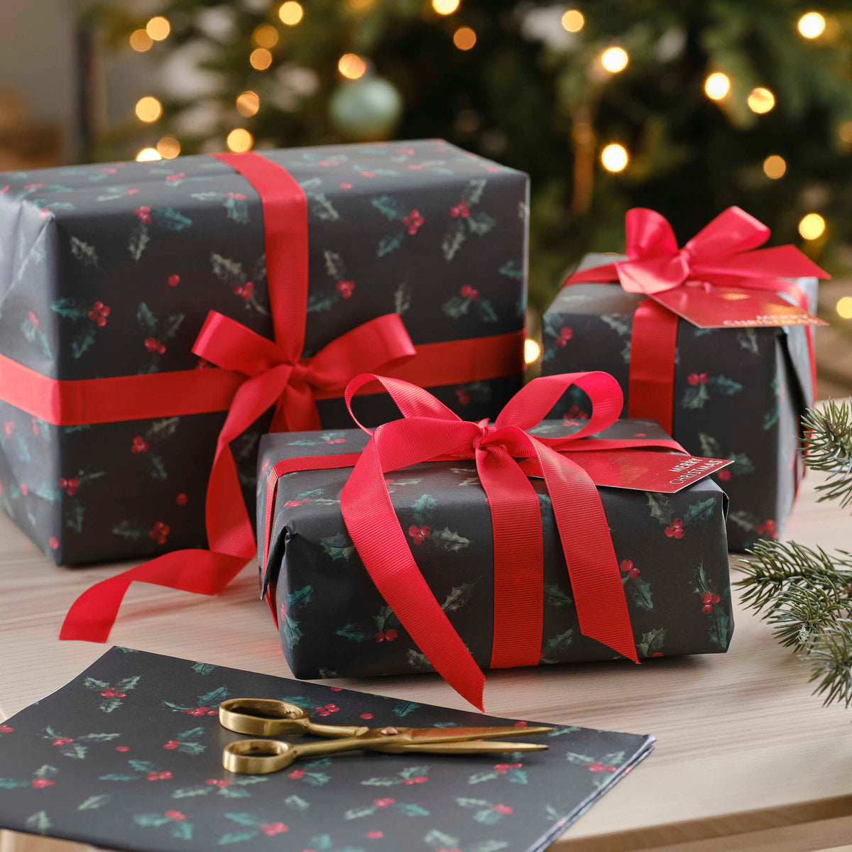 Ginger Ray Holly Wrapping Paper with Gift Tags and Ribbon