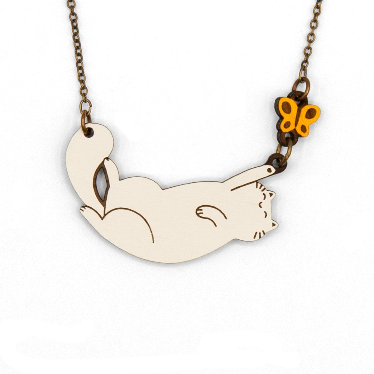 Materia Rica Cat With A Butterfly Wooden Necklace