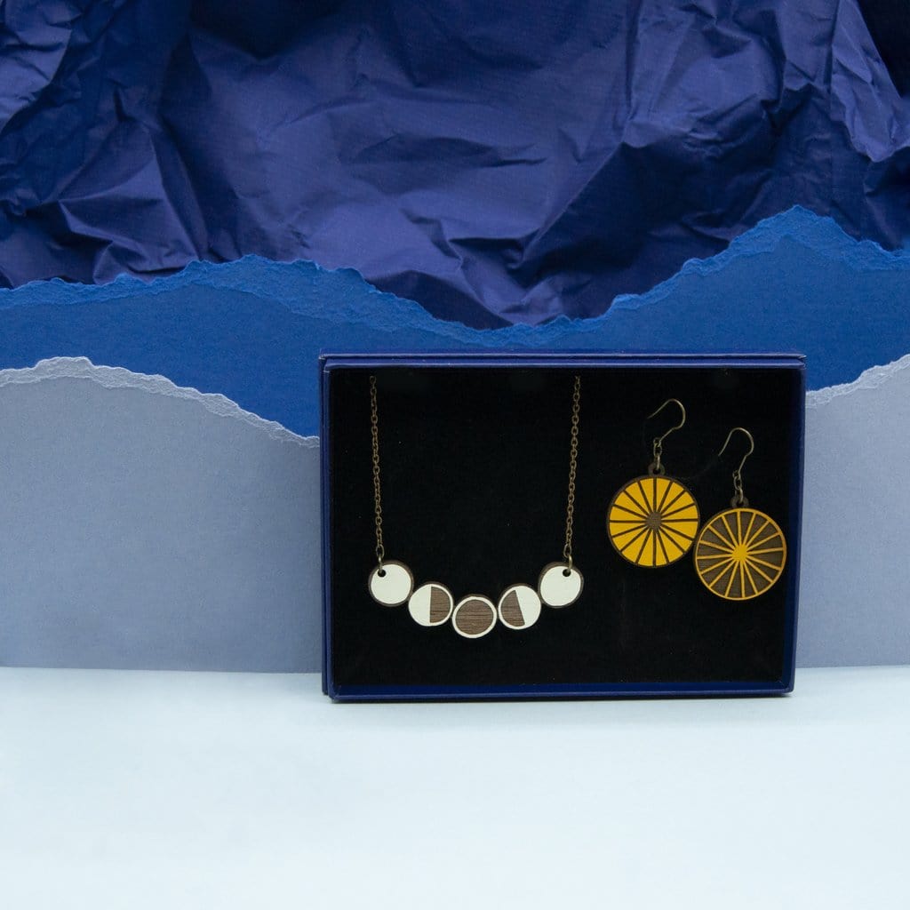 Materia Rica Moon Phases Necklace & Sunburst Earring Set