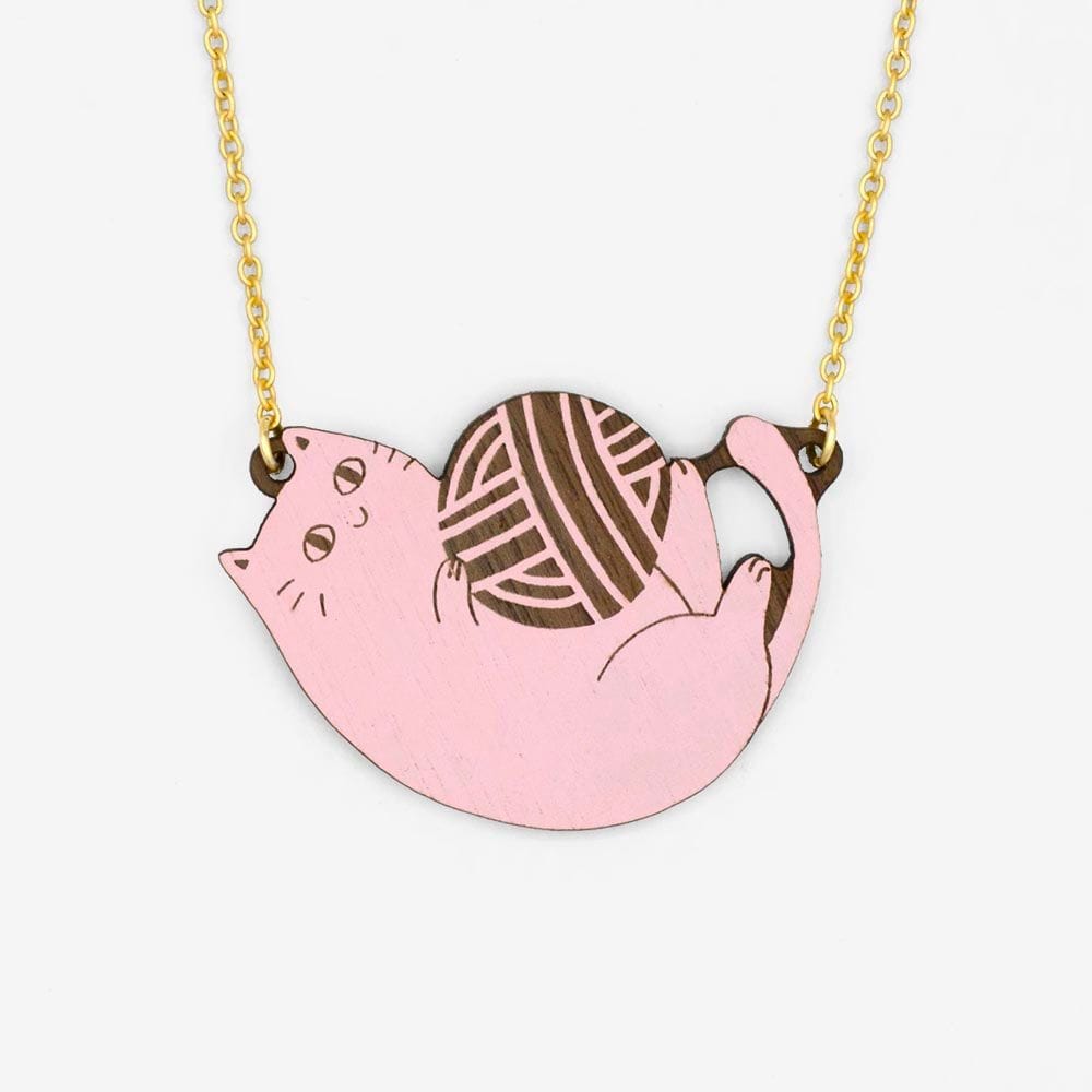 Materia Rica pink Playful Pink Cat Wooden Necklace