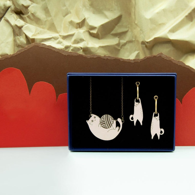 Materia Rica Playful Cats Necklace & Earring Orange Set