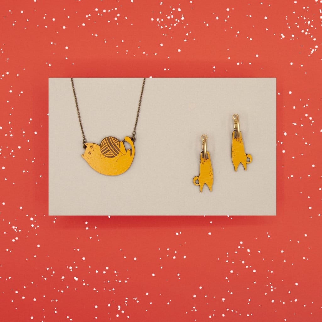 Materia Rica Playful Cats Necklace & Earring Orange Set