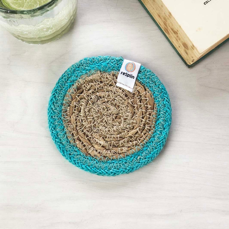 Respiin Round Seagrass & Jute Coaster Natural / Turquoise