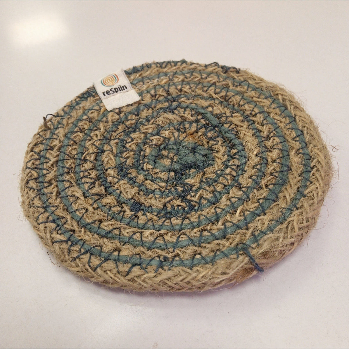 Respiin Round Spiral Jute Coaster - Natural/Denim Blue