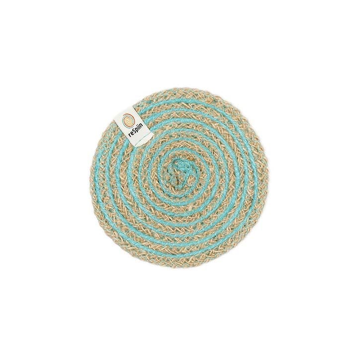 Respiin Round Spiral Jute Coaster - Natural/Turquoise