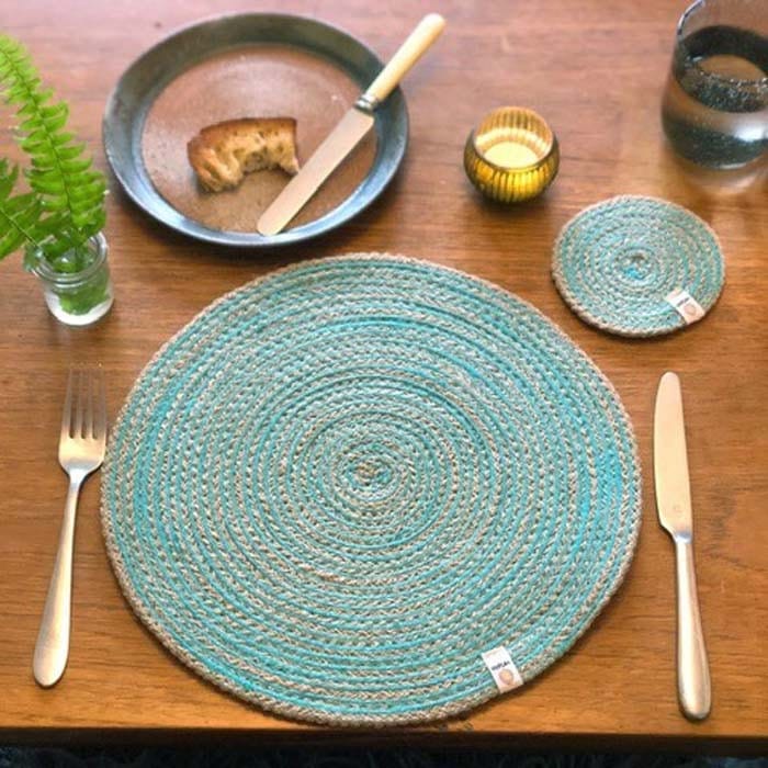 Respiin Round Spiral Jute Table Mat - Natural/Turquoise
