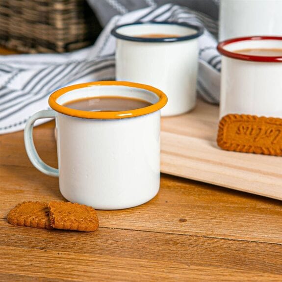 Rinkit White Enamel Mug With Yellow Rim