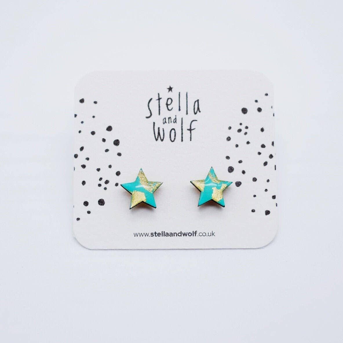 Stella and Wolf Turquoise and gold star earrings, wooden jewellery gifts