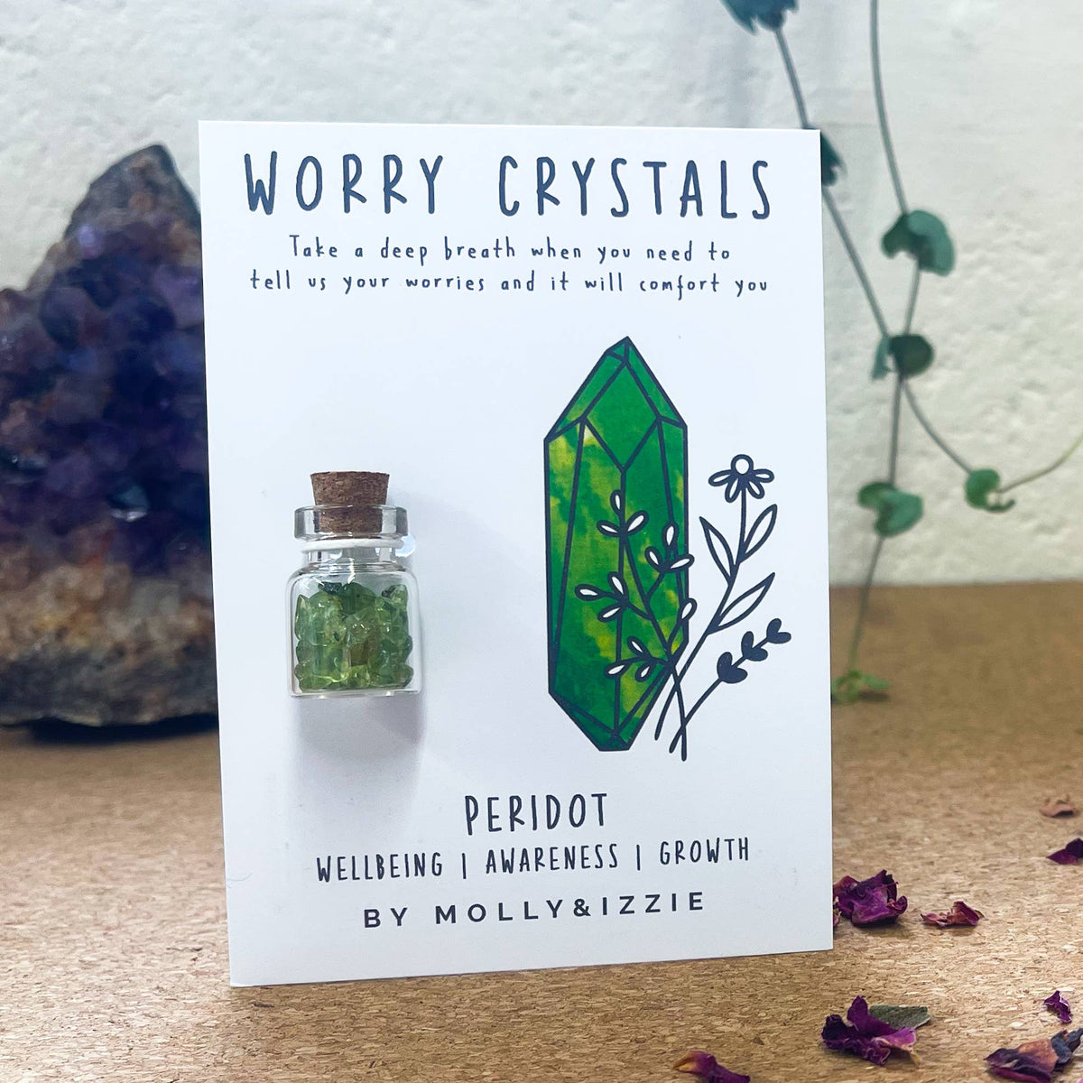 by Molly&Izzie Peridot Worry Crystal on Card