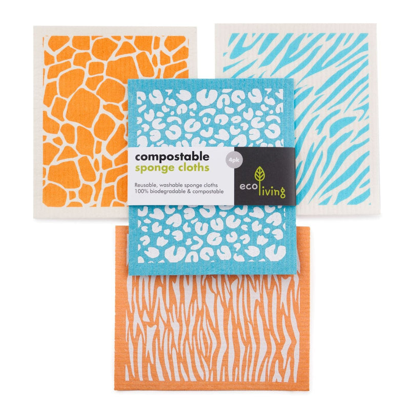 Ecoliving Animal Print Compostable Sponge Cleaning Cloths - Bright Pattern