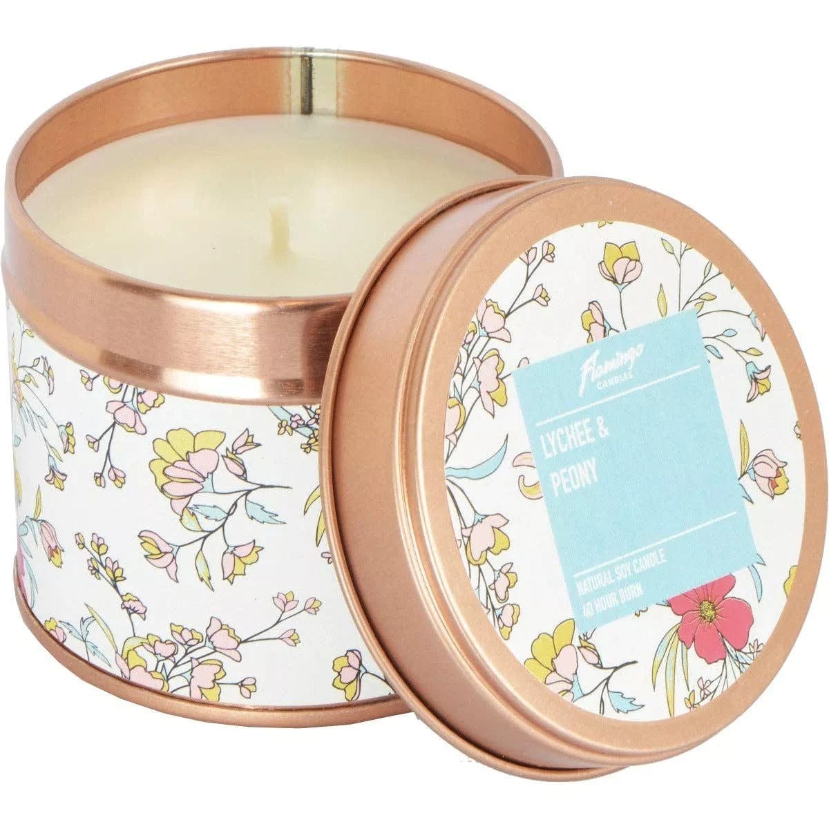 Flamingo Candles Lychee & Peony Floral Rose Gold Tin Candle