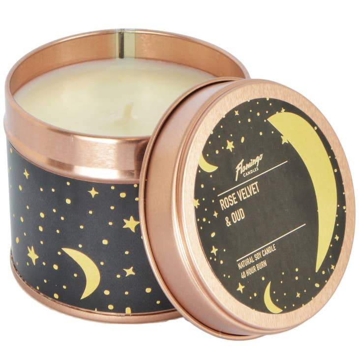 Flamingo Candles Rose Velvet & Oud Moon & Stars Rose Gold Tin Candle