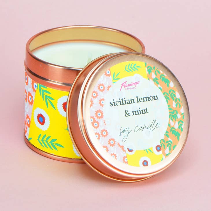 Flamingo Candles Sicilian Lemon & Mint Contrast Floral Print Rose Gold Tin