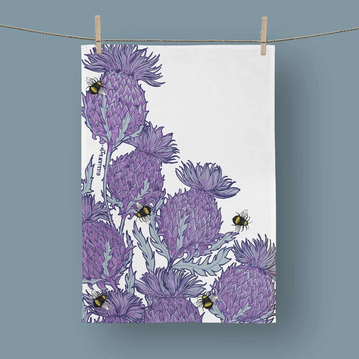 Gillian Kyle Flower of Scotland Thistle Tea Towel - white