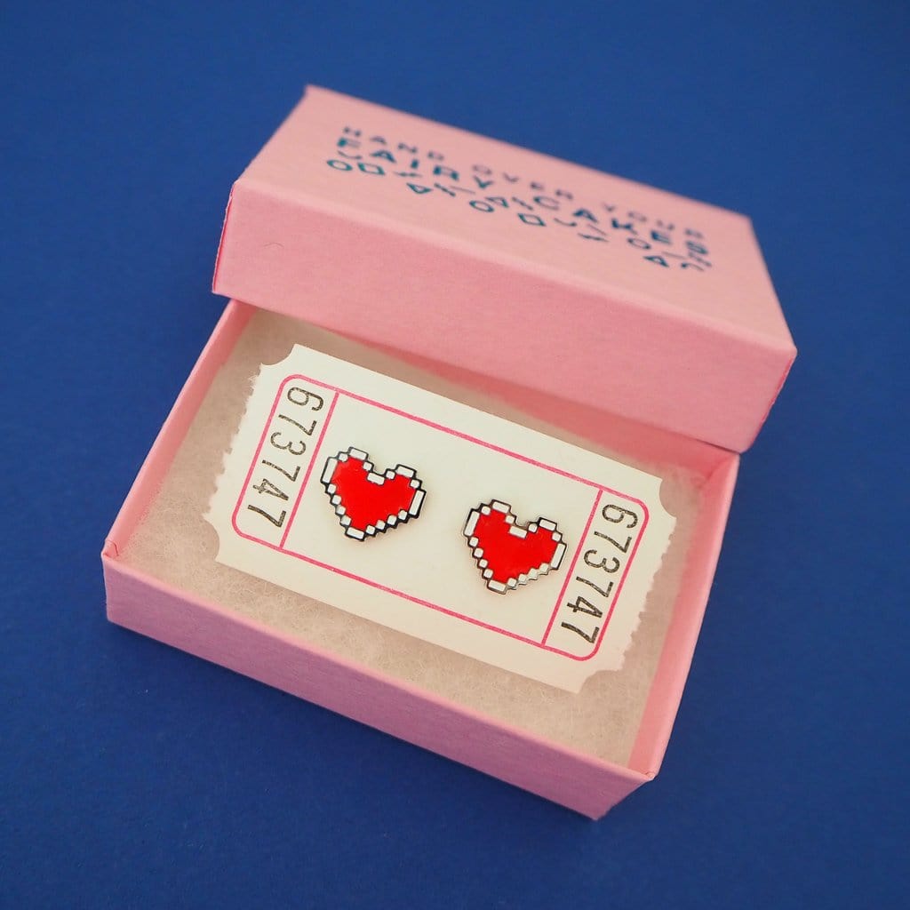 Hand Over Your Fairy Cakes Pixel Heart Stud Earrings