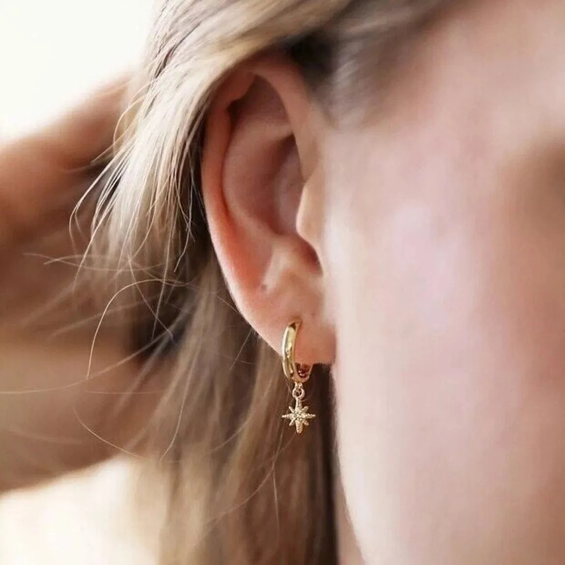 Lisa Angel Gold Sunburst and Star Charm Huggie Hoop Earrings