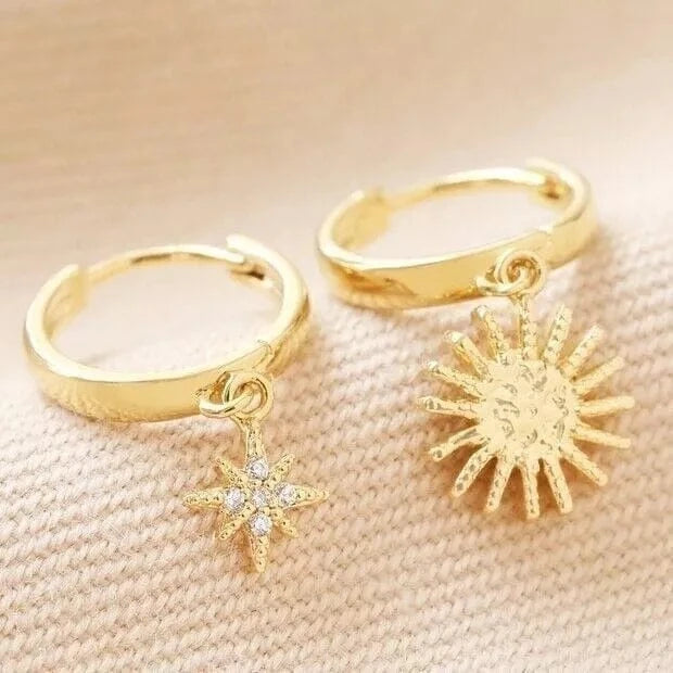 Lisa Angel Gold Sunburst and Star Charm Huggie Hoop Earrings