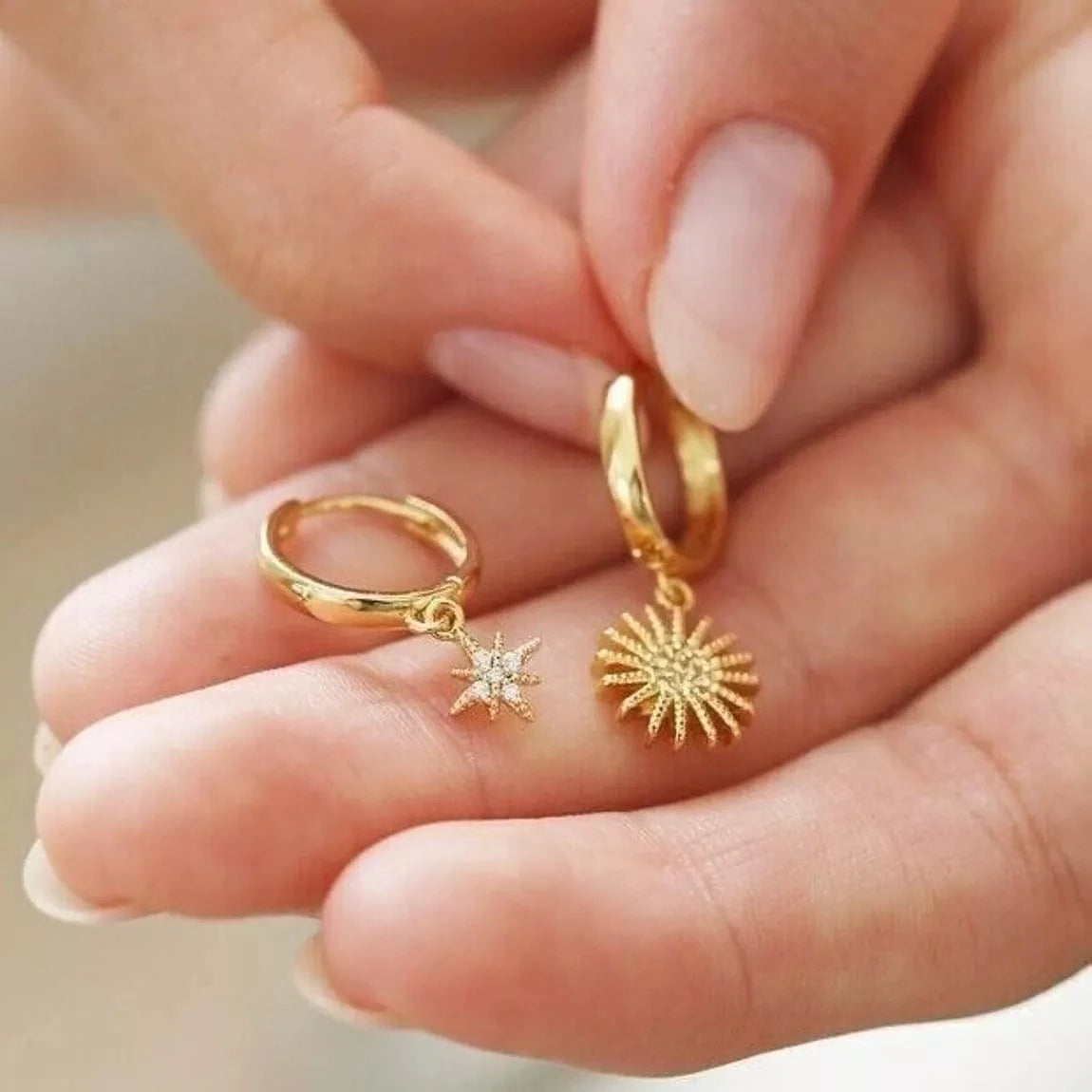 Lisa Angel Gold Sunburst and Star Charm Huggie Hoop Earrings