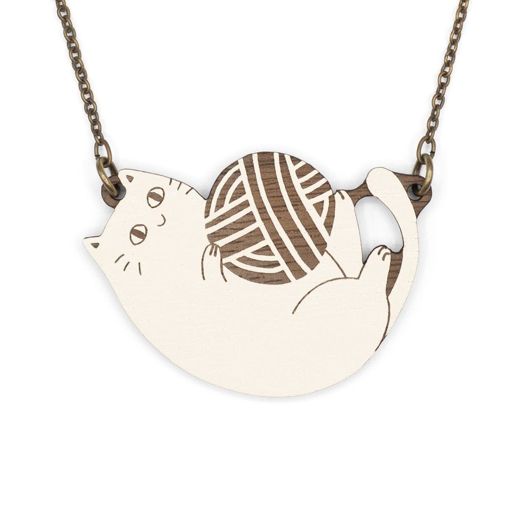 Materia Rica cream Playful Pink Cat Wooden Necklace