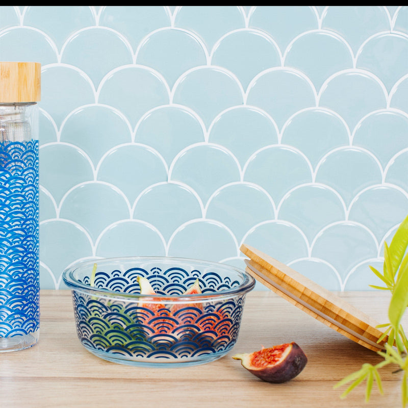 Sass & Belle Blue Wave Glass Container With Bamboo Lid