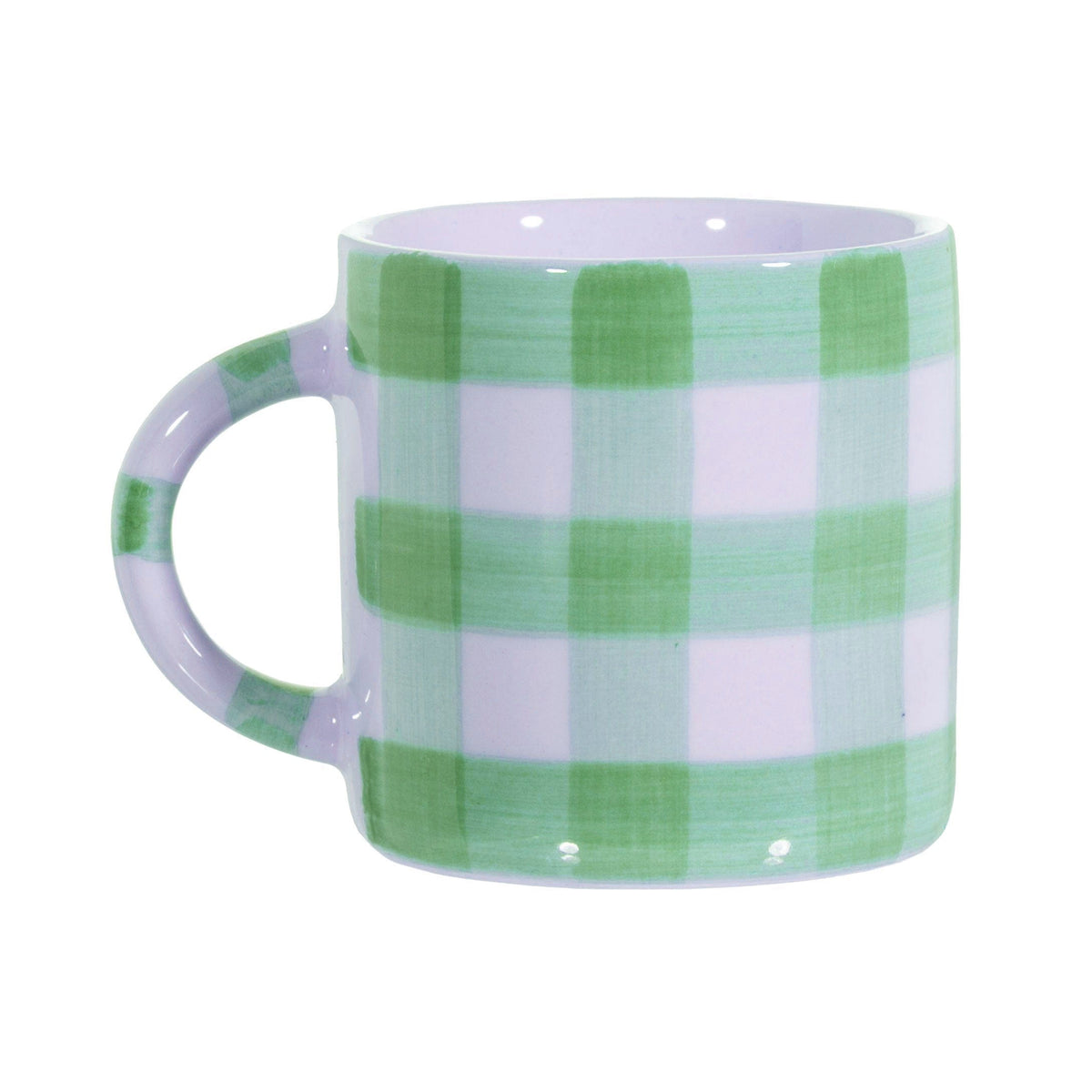 Green gingham-inspired stoneware mug with white checks, featuring a 350ml capacity. Dishwasher and microwave safe. Ideal for gifts or kitchen use.