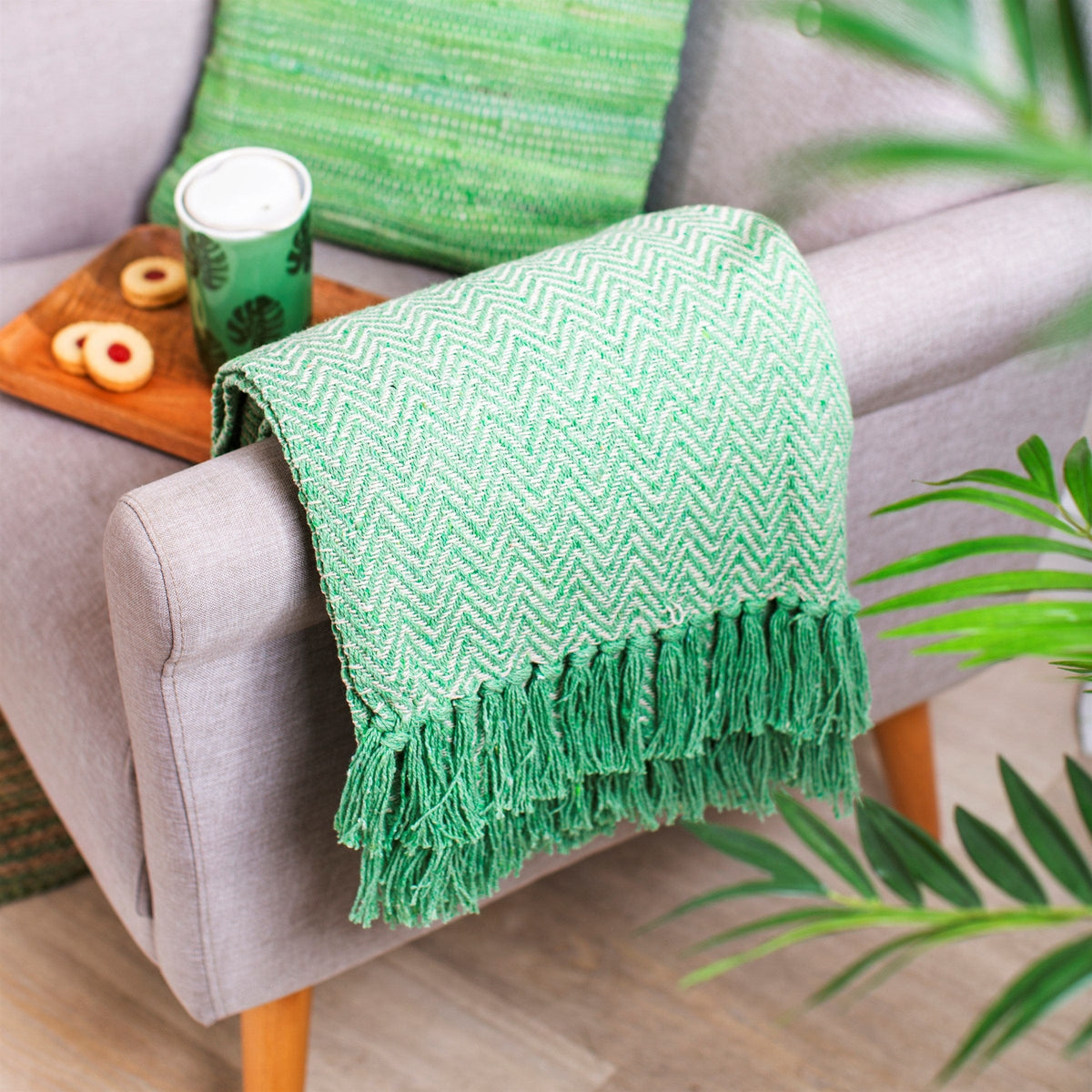 Sass & Belle Green Herringbone Blanket Throw