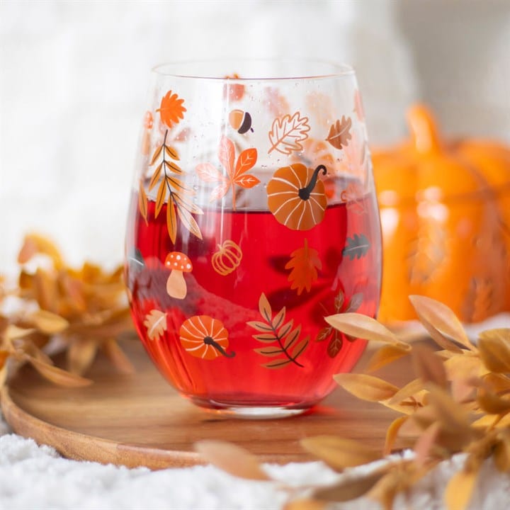 Something Different Autumn Leaves & Pumpkins Stemless Wine Glass