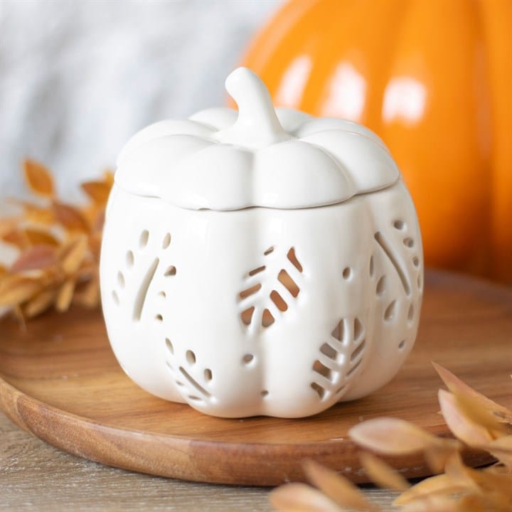 Something Different Off White Autumn Leaves Pumpkin Shaped Oil Burner