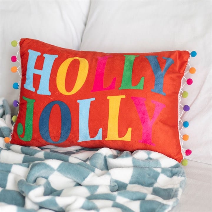 Something Different Red Holly Jolly Cushion with Pom Poms