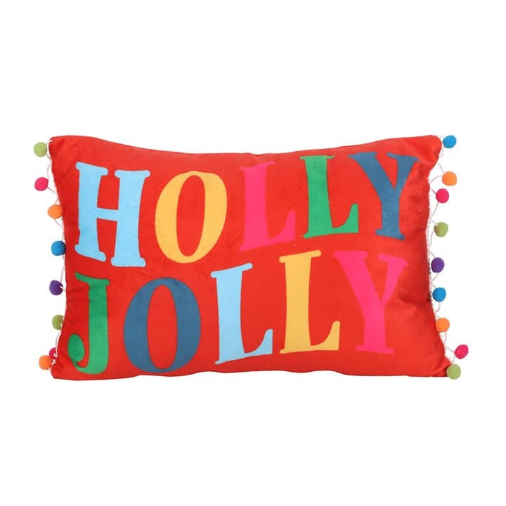 Something Different Red Holly Jolly Cushion with Pom Poms