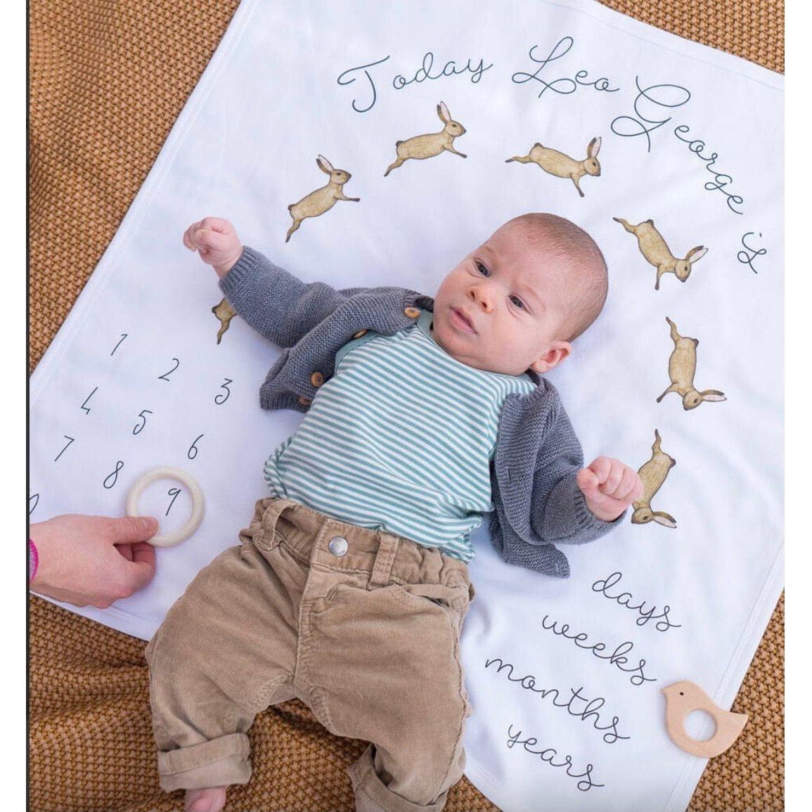 Sparks and Daughters Watercolour Bunny Baby Milestone Blanket