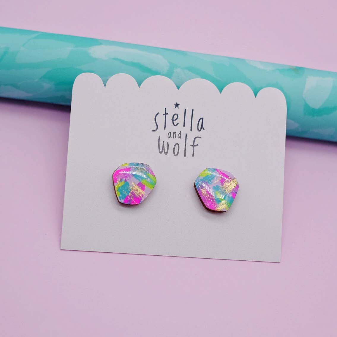 Stella and Wolf Colourful abstract studs, hand painted wooden earrings,