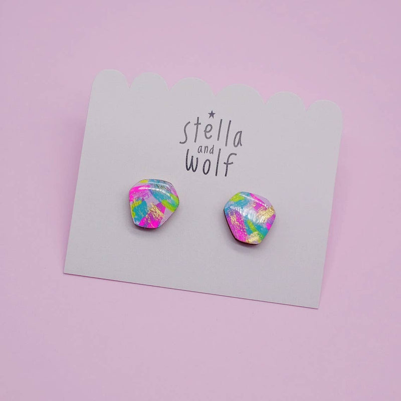 Stella and Wolf Colourful abstract studs, hand painted wooden earrings,