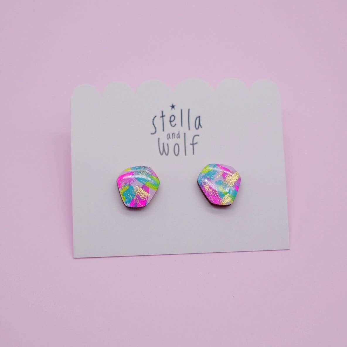 Stella and Wolf Colourful abstract studs, hand painted wooden earrings,