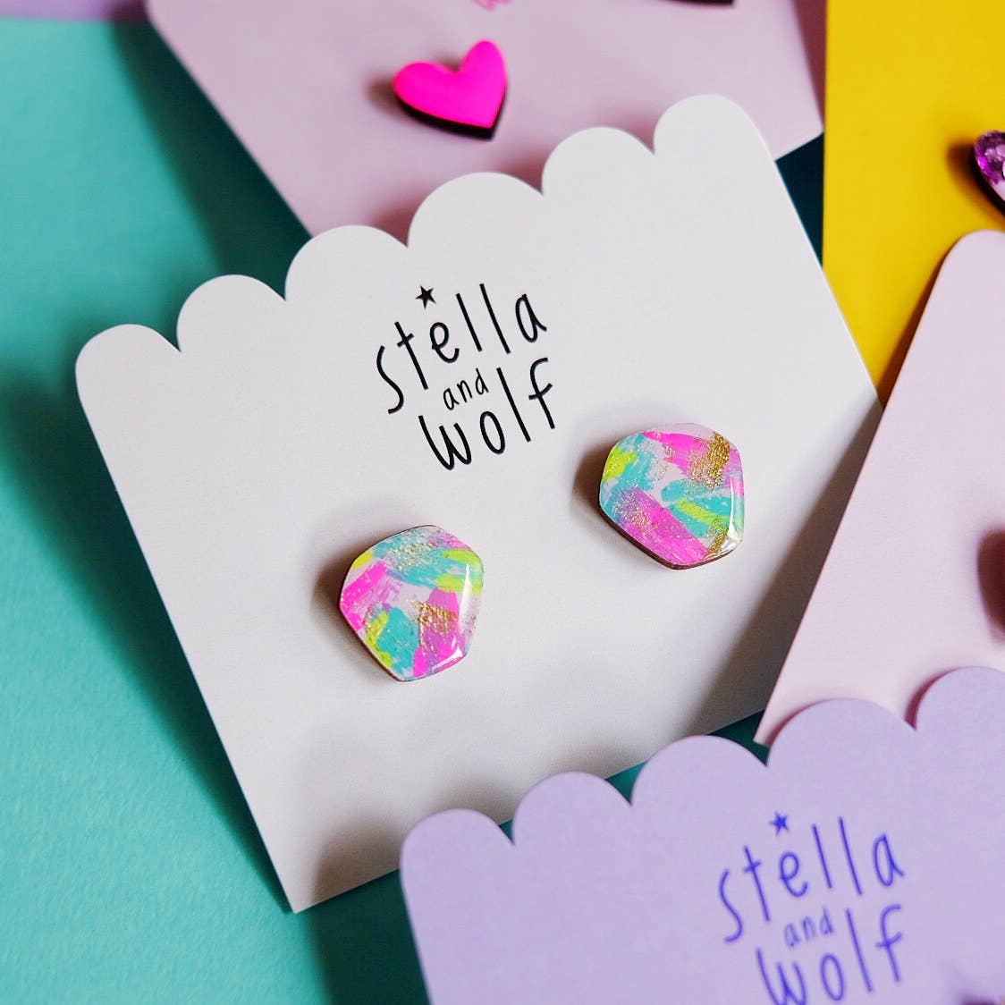 Stella and Wolf Colourful abstract studs, hand painted wooden earrings,