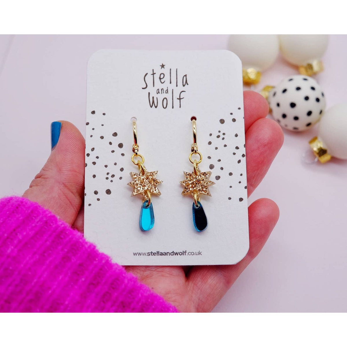 Stella and Wolf Gold and teal Glitter star drop earrings