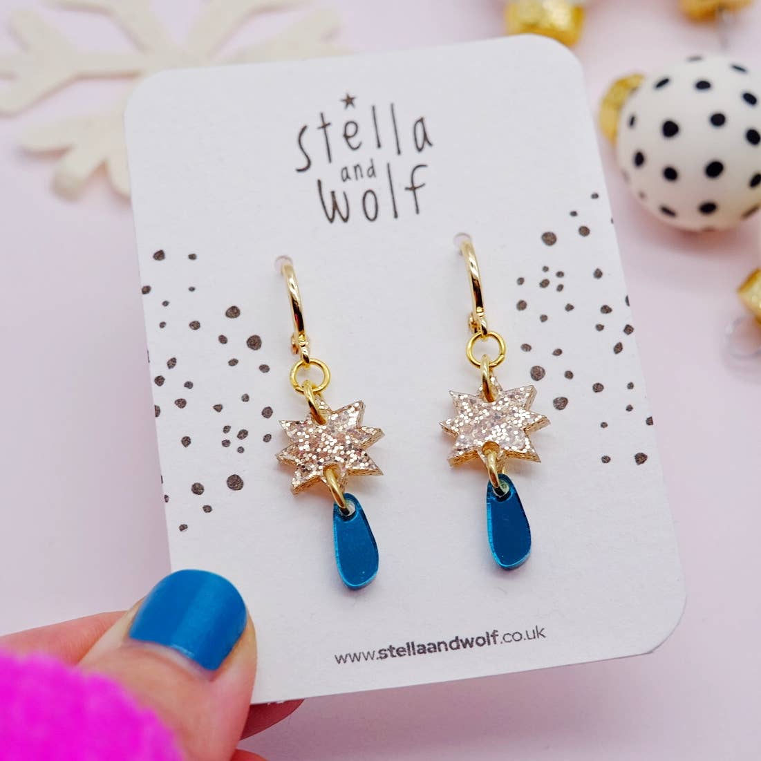 Stella and Wolf Gold and teal Glitter star drop earrings